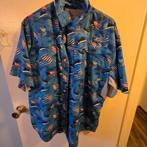 Reel Legends Mens T Shirt Blue Medium Reel Tec Flag Fish UPF 50 Mens medium